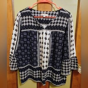 LOFT Petites Mixed-Print Bell-Sleeve TunicSize LP | Navy + White | Lightweight